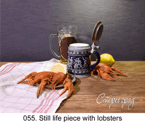 <b>055.</b> Still life piece with lobsters.   (3D shooting : with step to step moving). 2016. 58x45 cm.<br>
 Price - <b>13500</b> roubles unframed