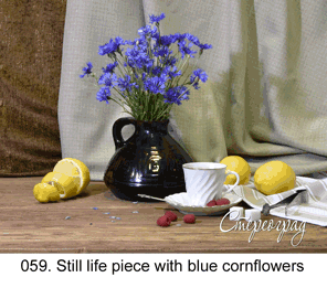 <b>059. </b> Still life piece with blue cornflowers.   (3D shooting : with step to step moving). 2016. 58x45 cm.<br>
 Price - <b>13500</b> roubles unframed